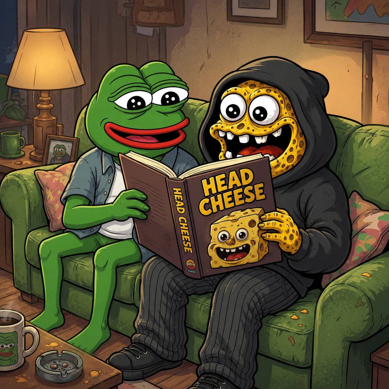 Cheese Head reading Head Cheese with the frog